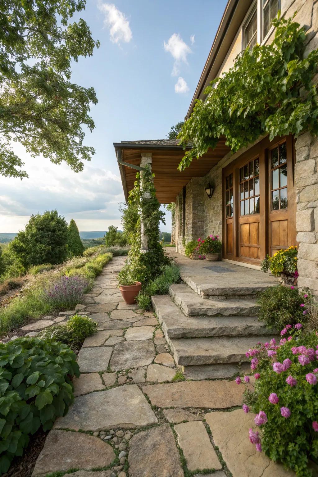 A rustic stone pathway enhances the natural beauty of the front porch.