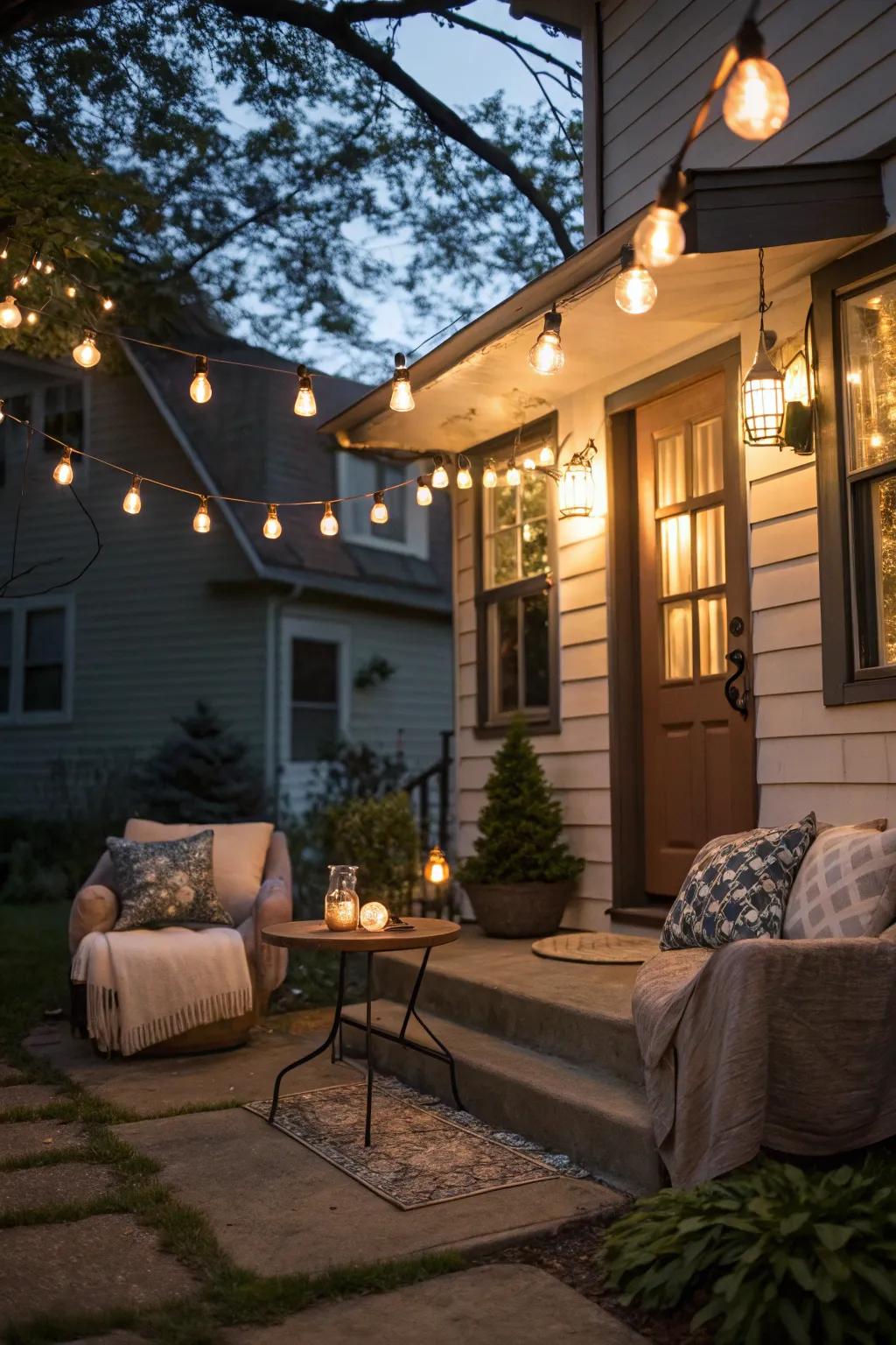 Warm lighting invites guests into a cozy front stoop.