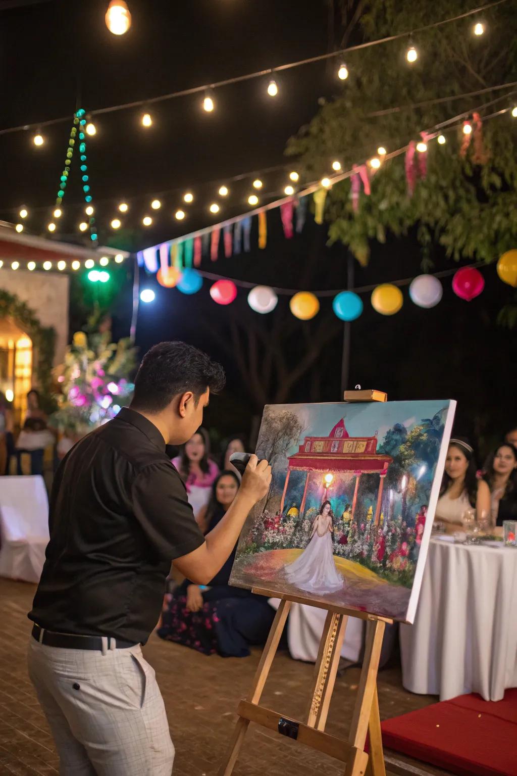 A live painter captures the essence of the wedding day in real-time.