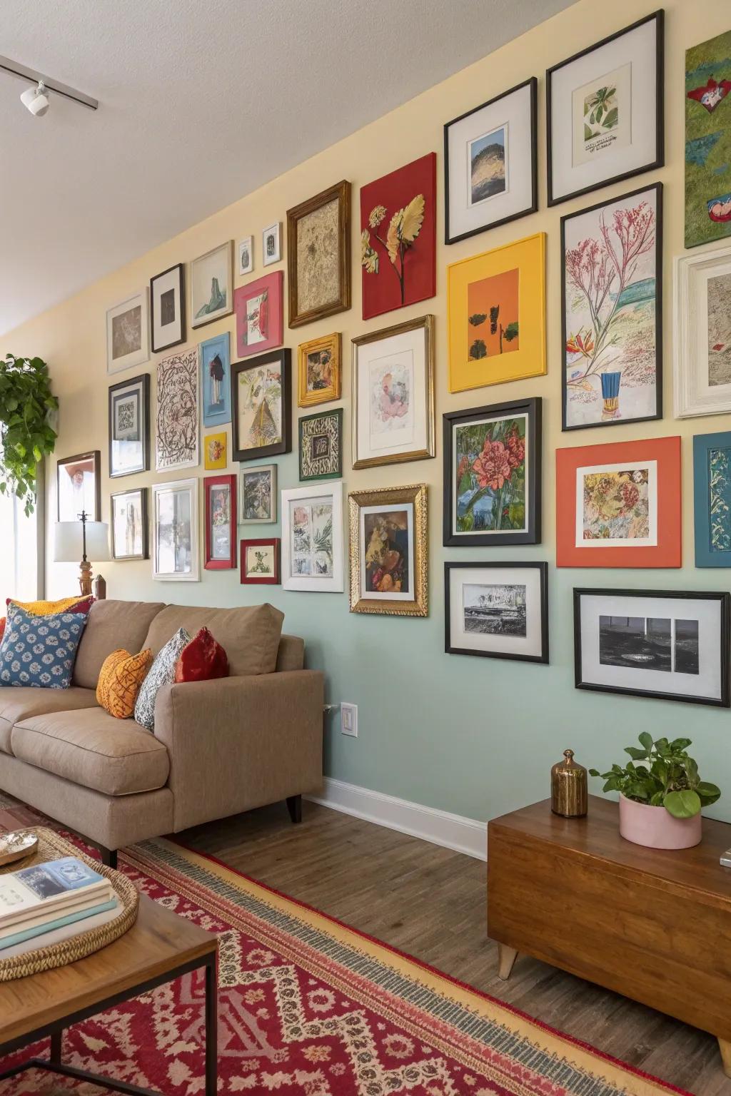 A living room showcasing an eclectic mix of frames and art styles on the gallery wall.