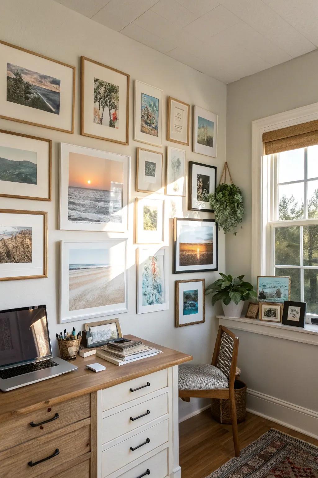 A charming mix of art and personal photos creates a warm and inviting office gallery wall.