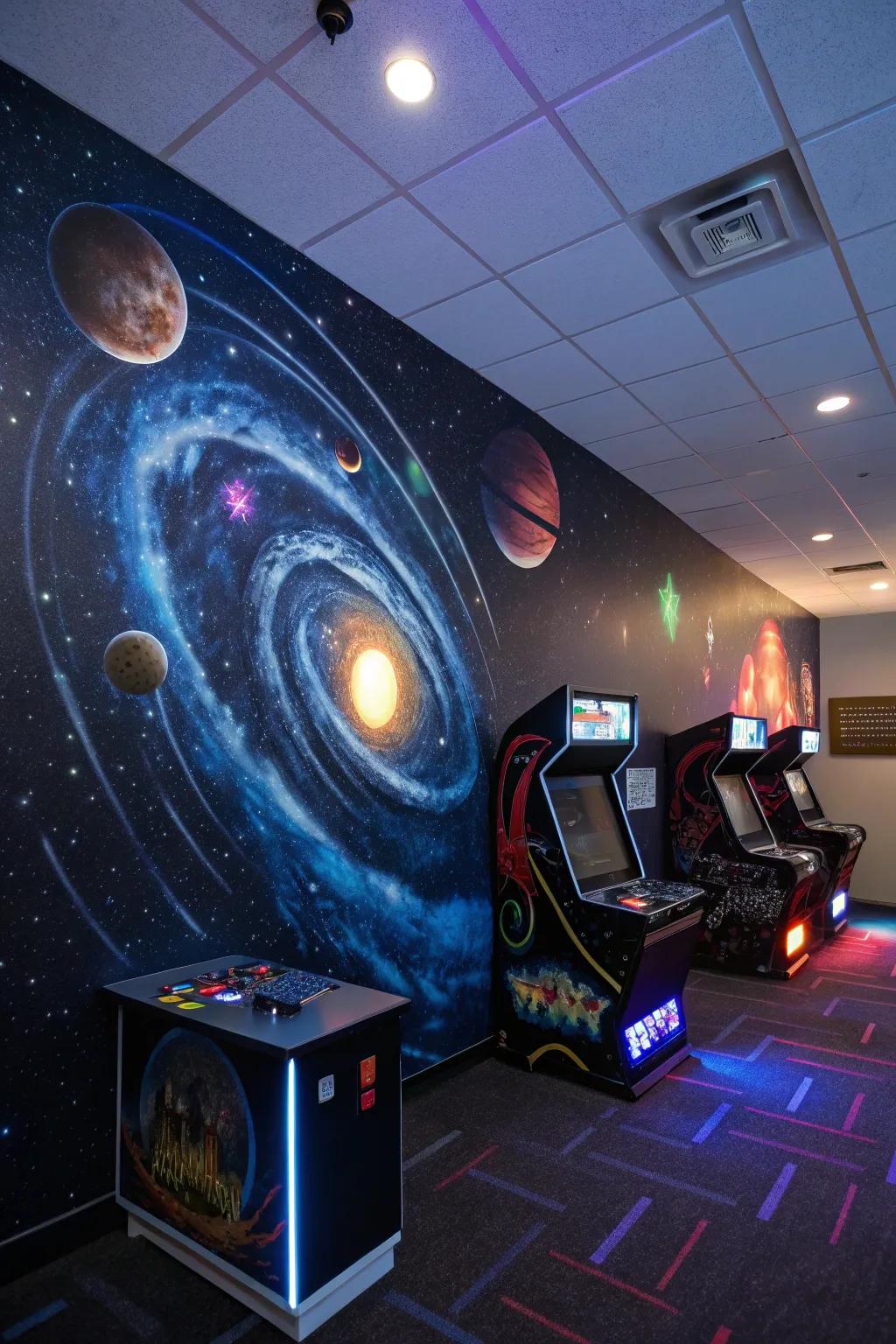 A cosmic-themed game room with a mural that transports you to the stars.