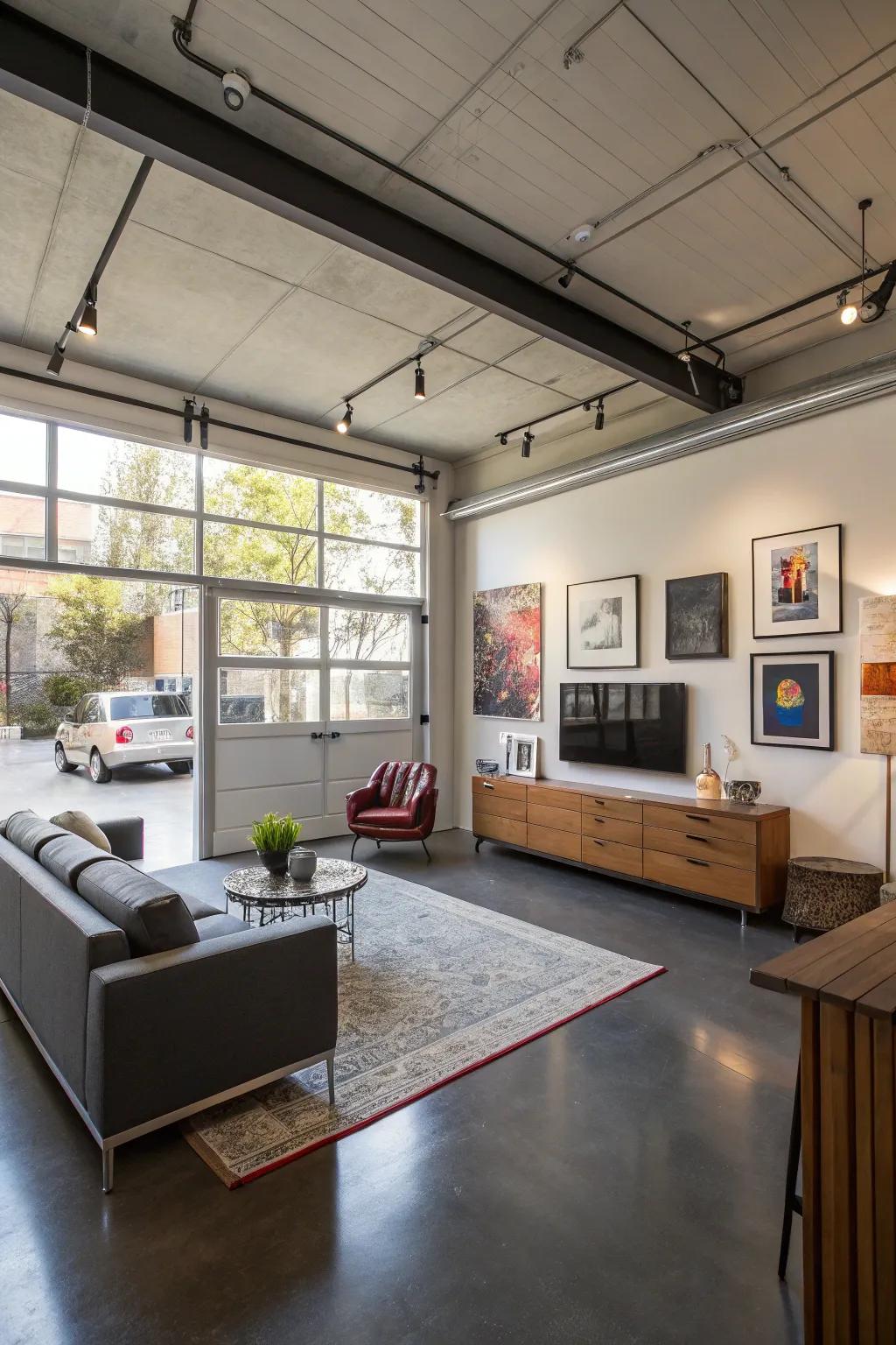 A garage reimagined as a stylish studio apartment.