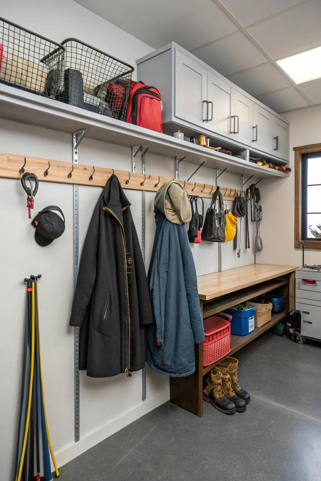 Peg rail hooks neatly organize coats, hats, and bags in a garage mudroom.