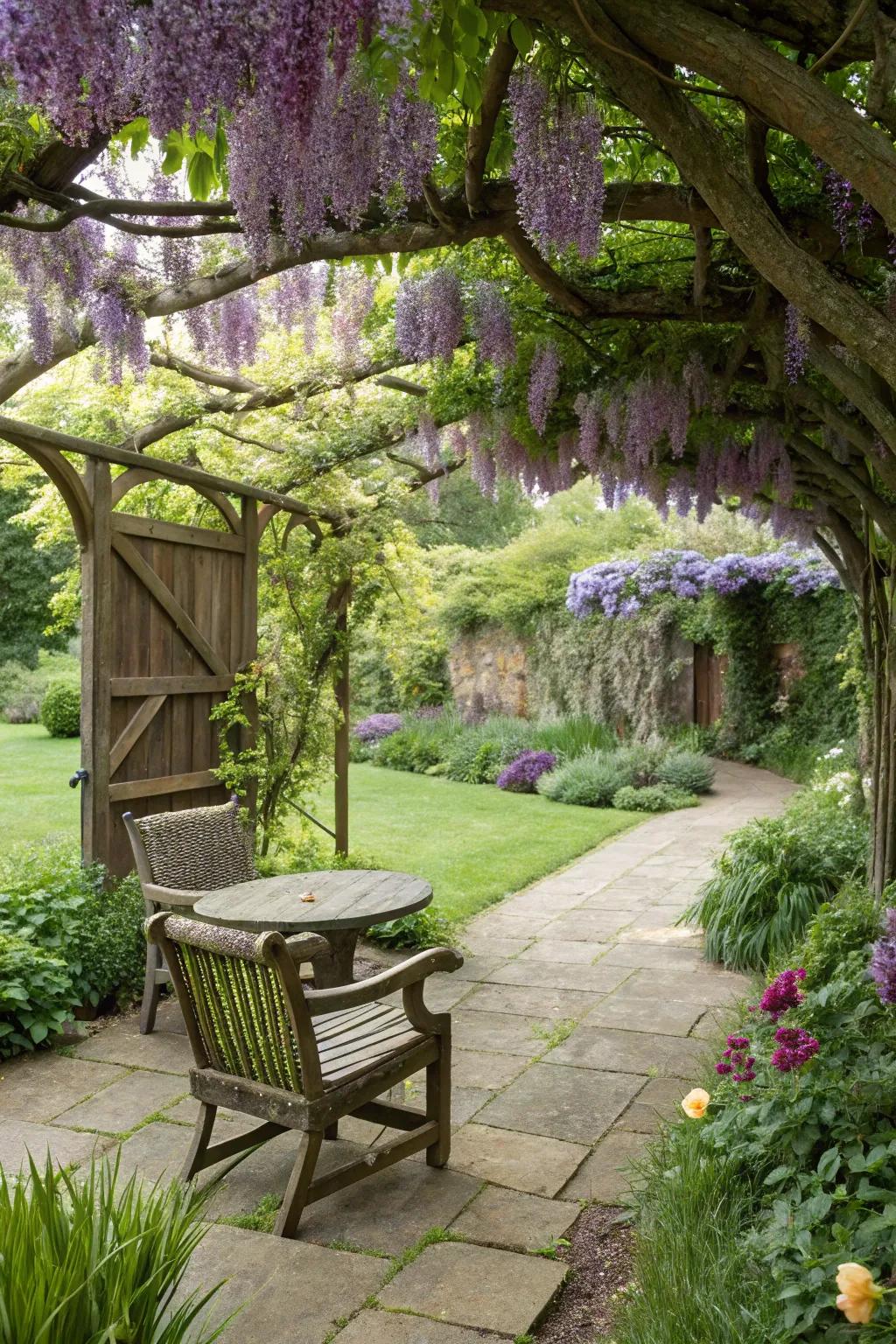 Relax under a floral canopy crafted from arch trellises.