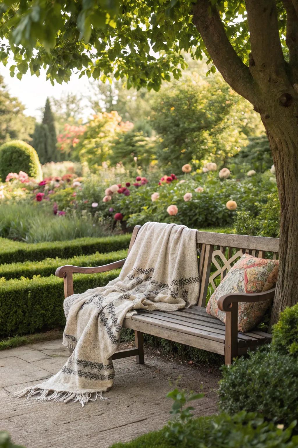 A cozy throw adds warmth and style to your garden bench.