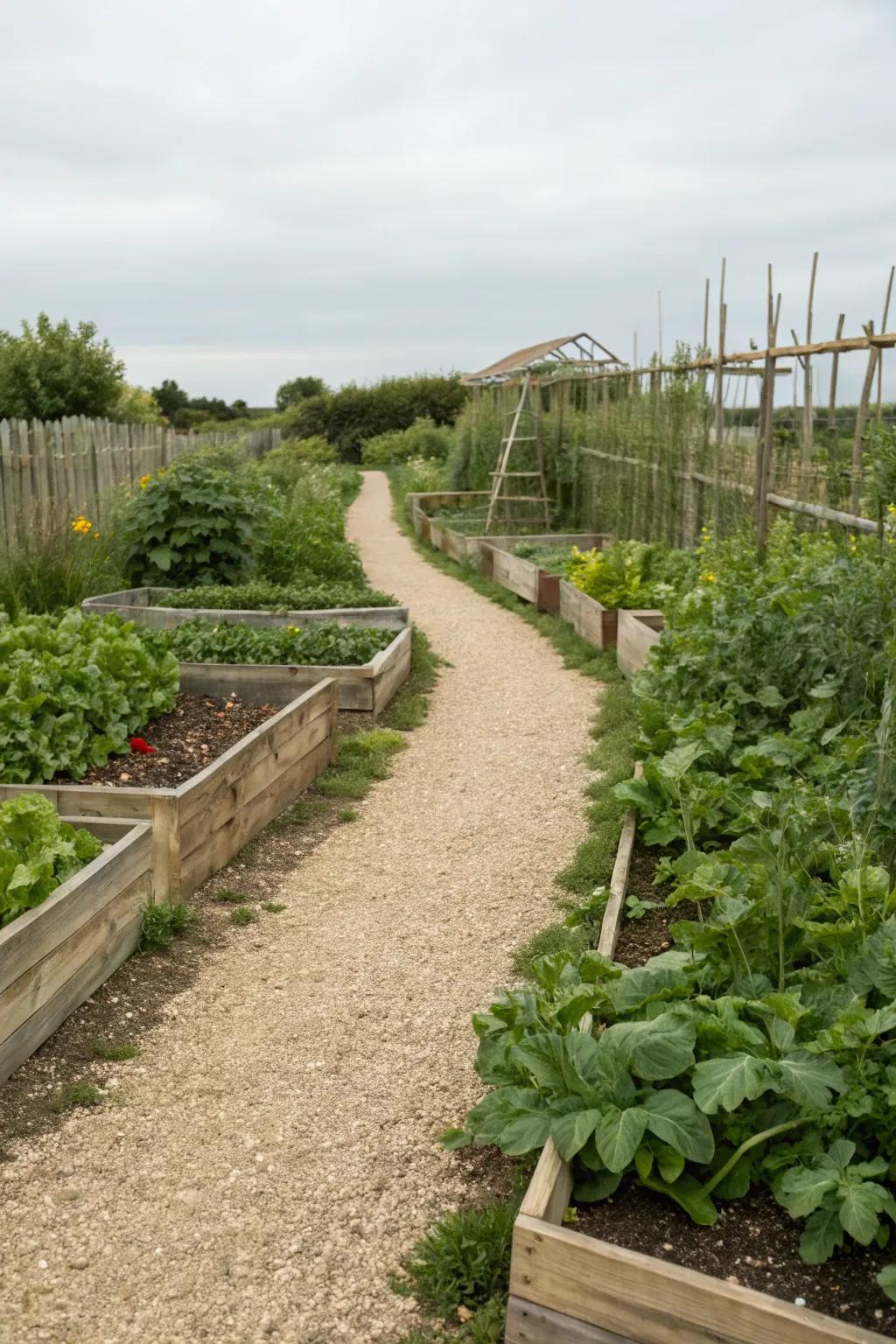 Elegant pea gravel path through raised beds.