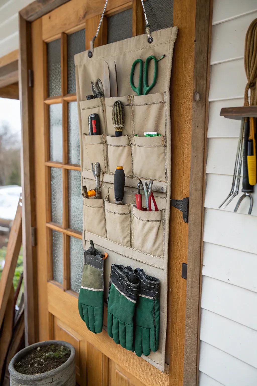 A shoe organizer can be repurposed to neatly store small garden tools and supplies.