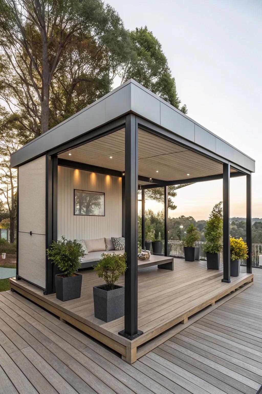 Sleek and simple, a modern minimalist gazebo complements any deck.