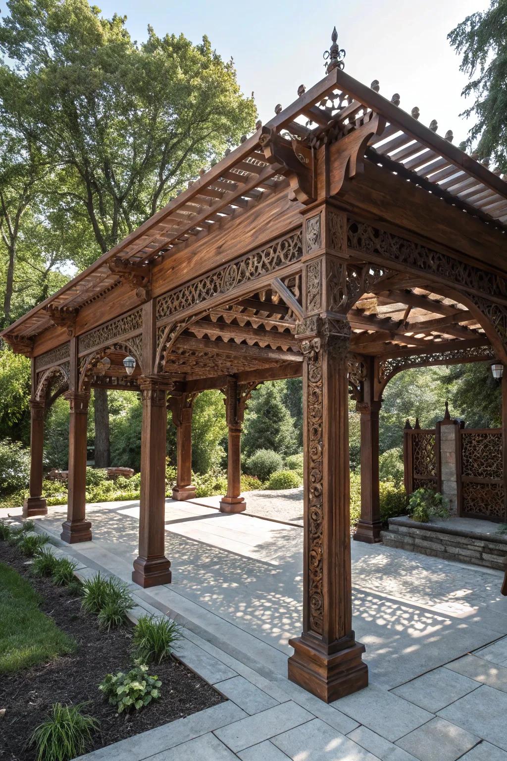 Experience the perfect balance of sun and shade with this exquisitely crafted open-air pergola.