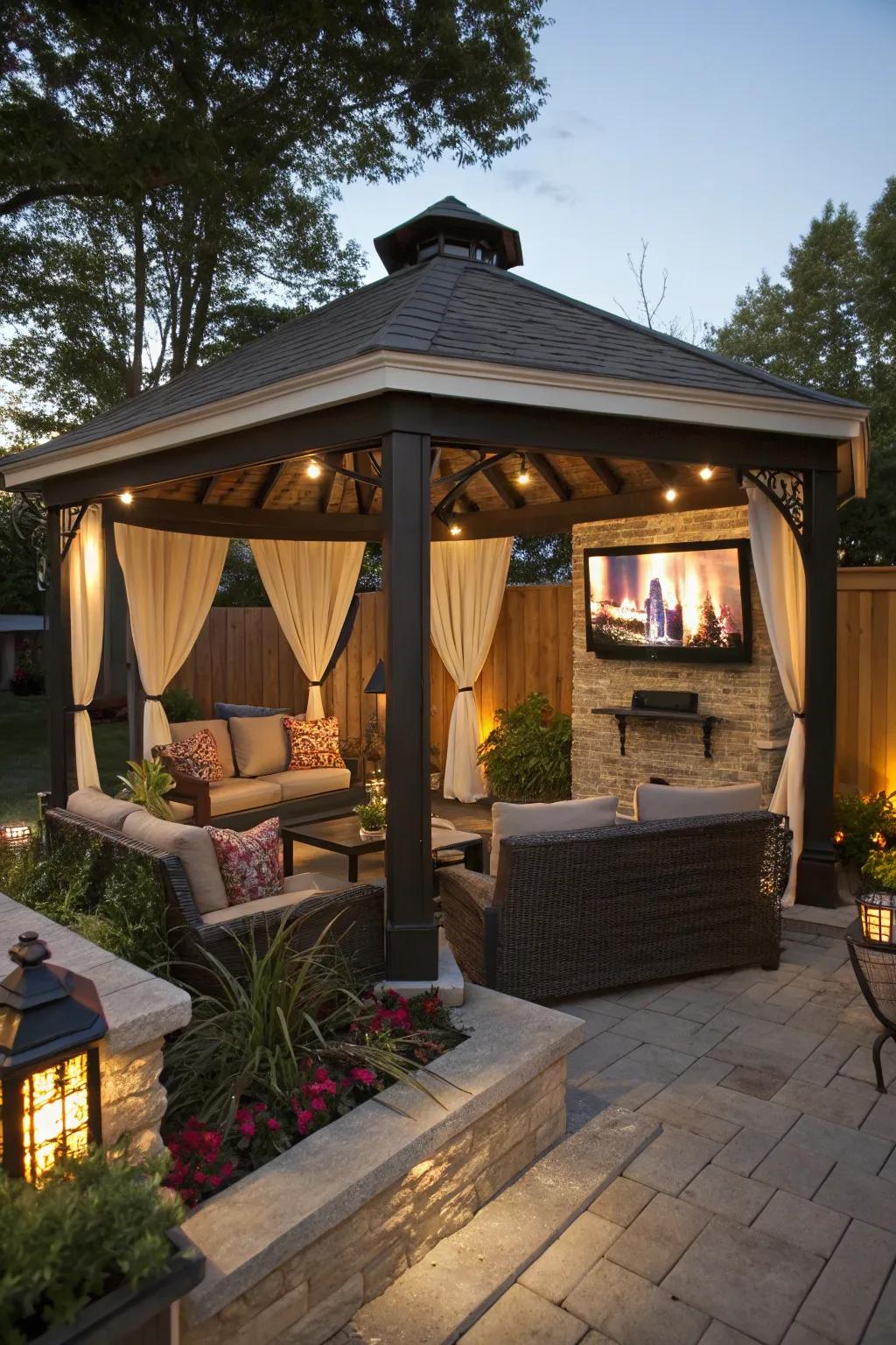 A wall-mounted TV can be a practical and stylish addition to your gazebo.