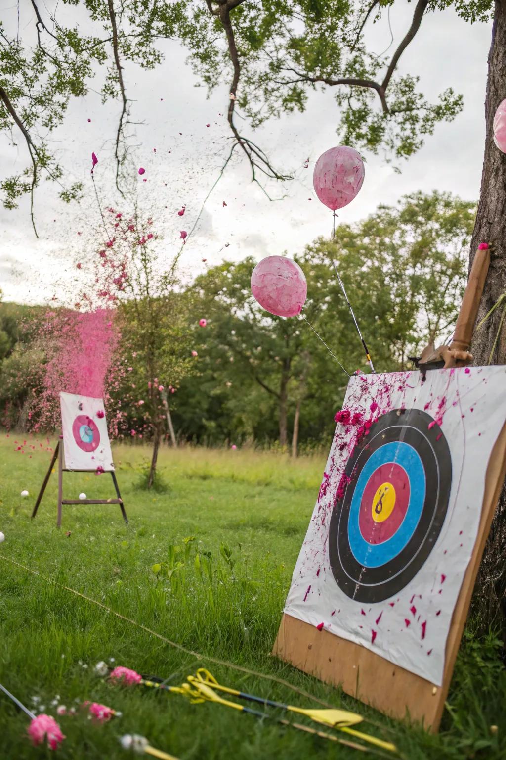 A thrilling bow and arrow gender reveal moment.