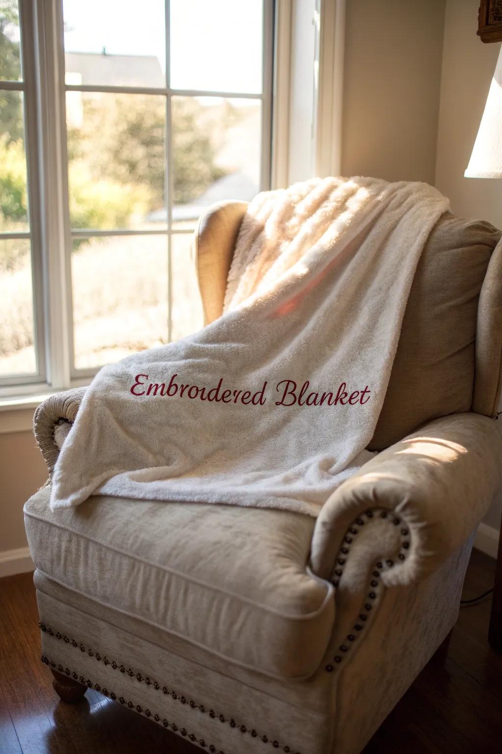 A custom blanket offers warmth and a personal touch to her relaxation time.