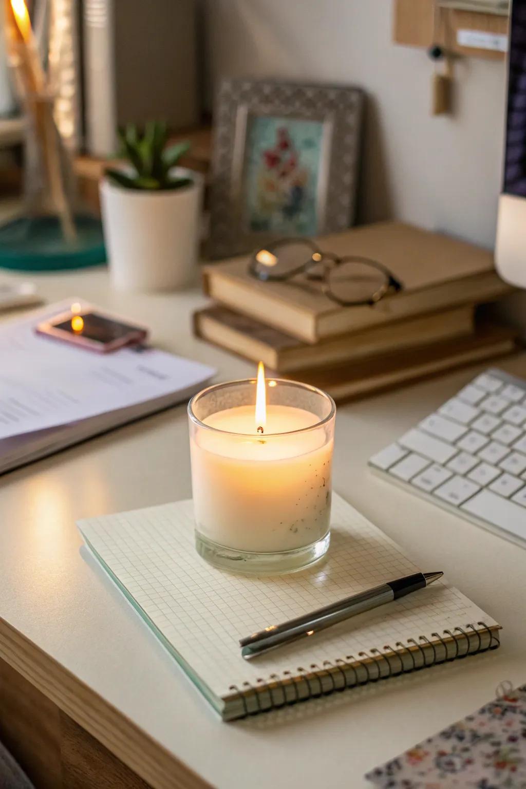 A scented candle bringing warmth and tranquility to the school office.