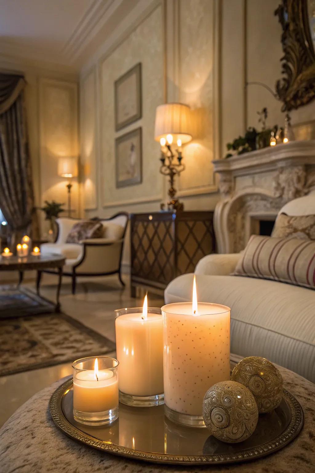 Luxurious scented candles creating a warm and inviting atmosphere.