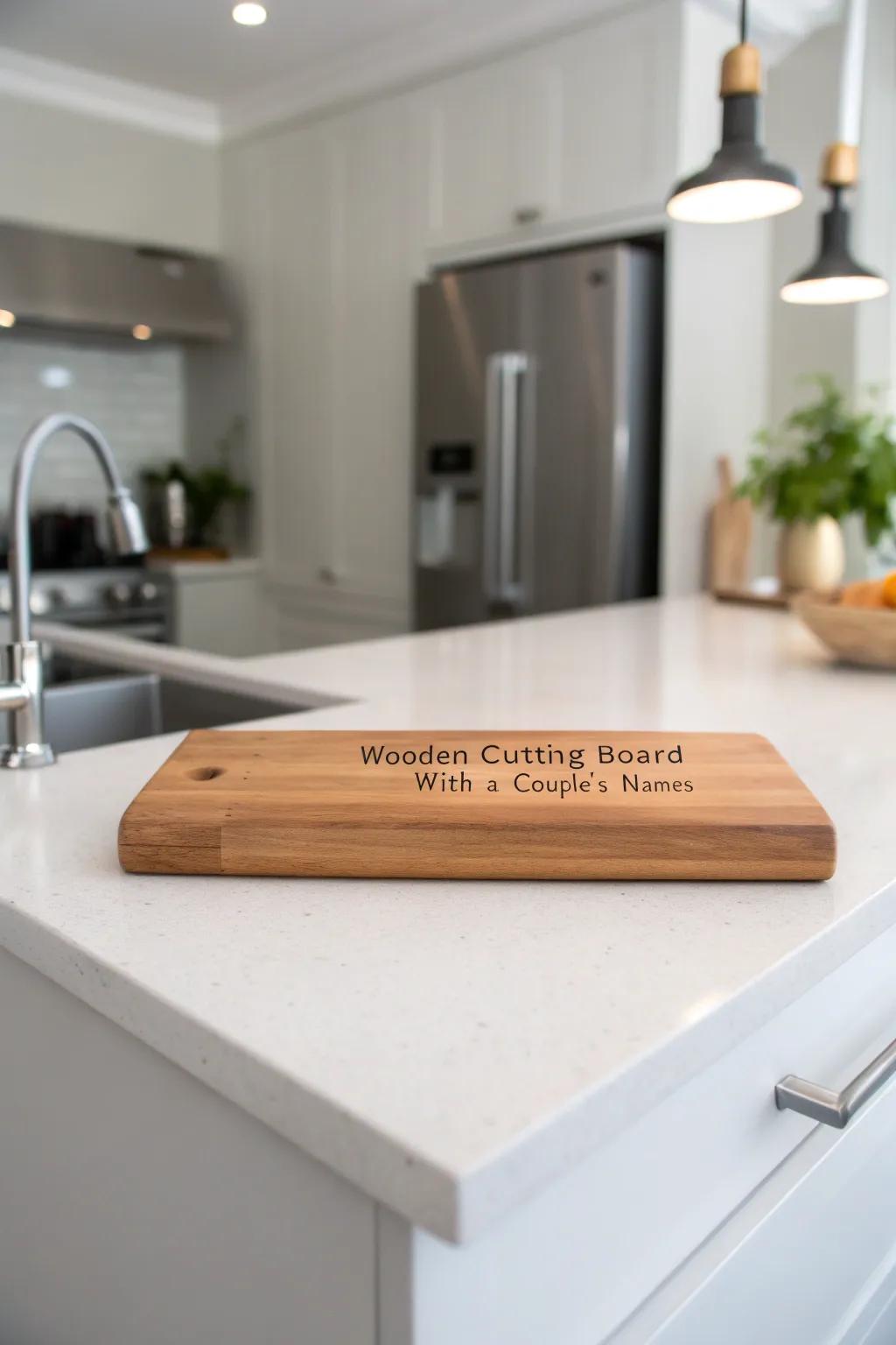 A personalized cutting board adds a heartfelt touch to the kitchen.