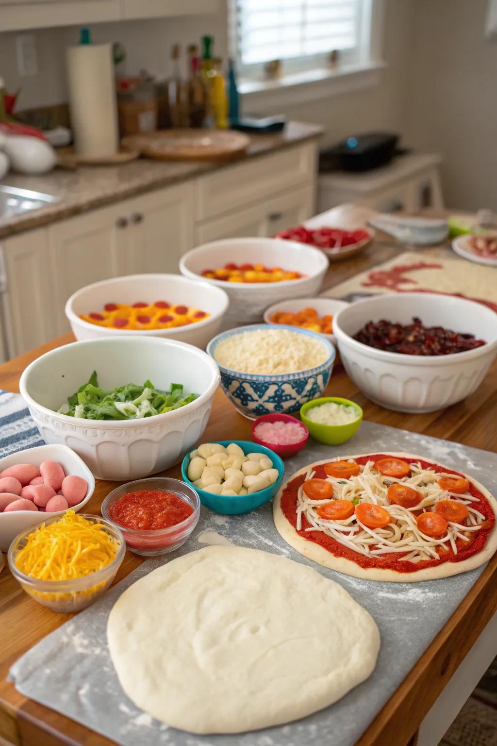 A ready-to-go pizza making station for a fun birthday activity.