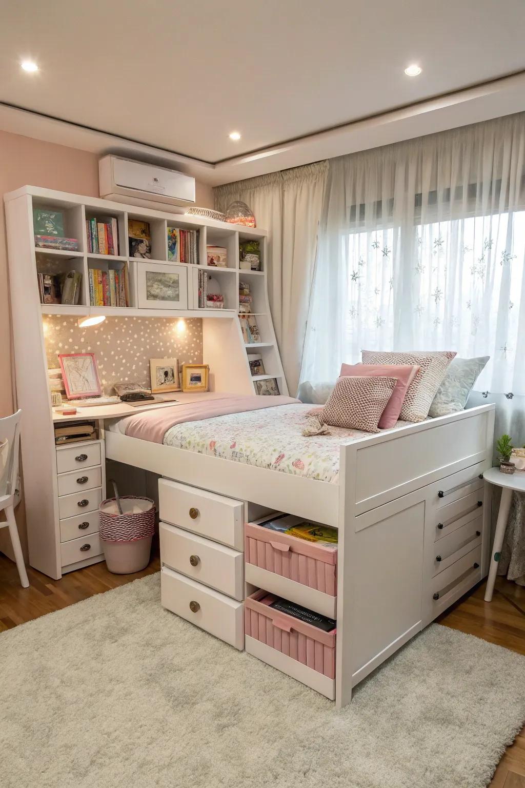 A girl's bedroom showcasing multifunctional furniture like a bed with storage and a convertible desk.