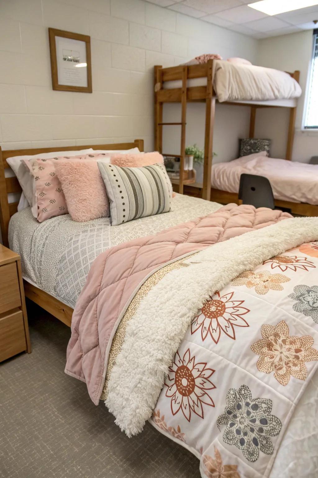 Layered bedding adds comfort and style to your dorm.