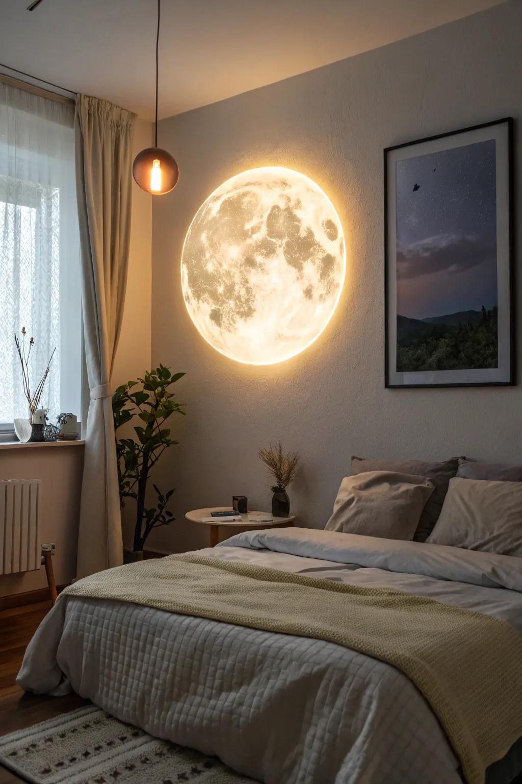 Add a touch of lunar magic to your bedroom with glowing moon art.