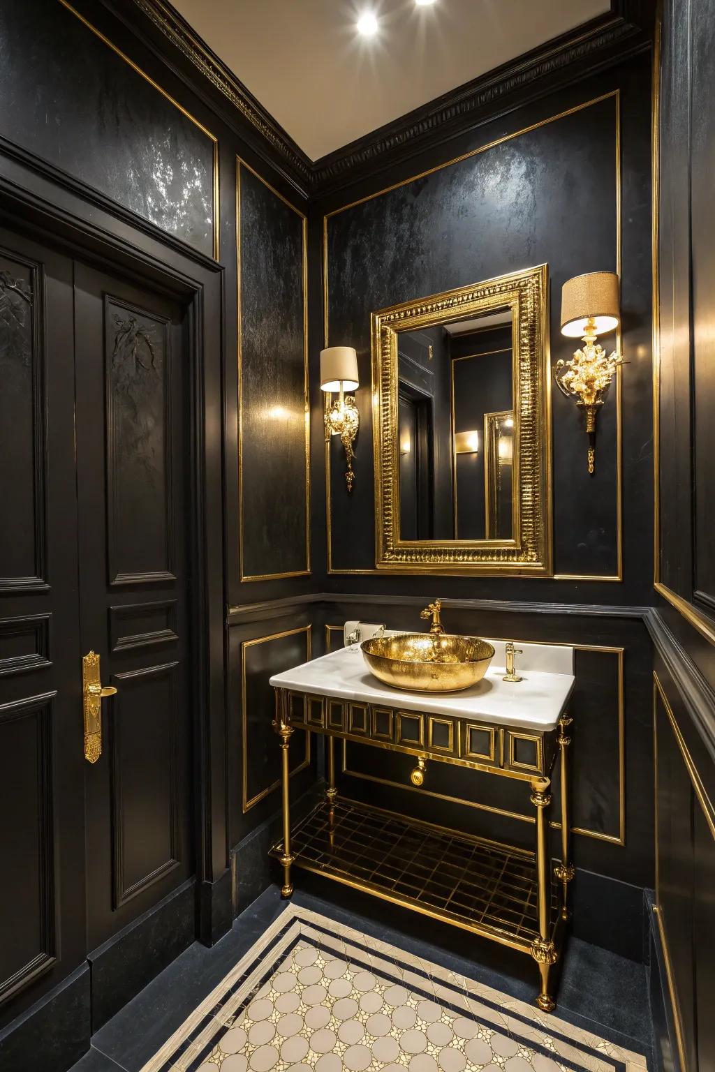 A bold black and gold bathroom for dramatic flair.