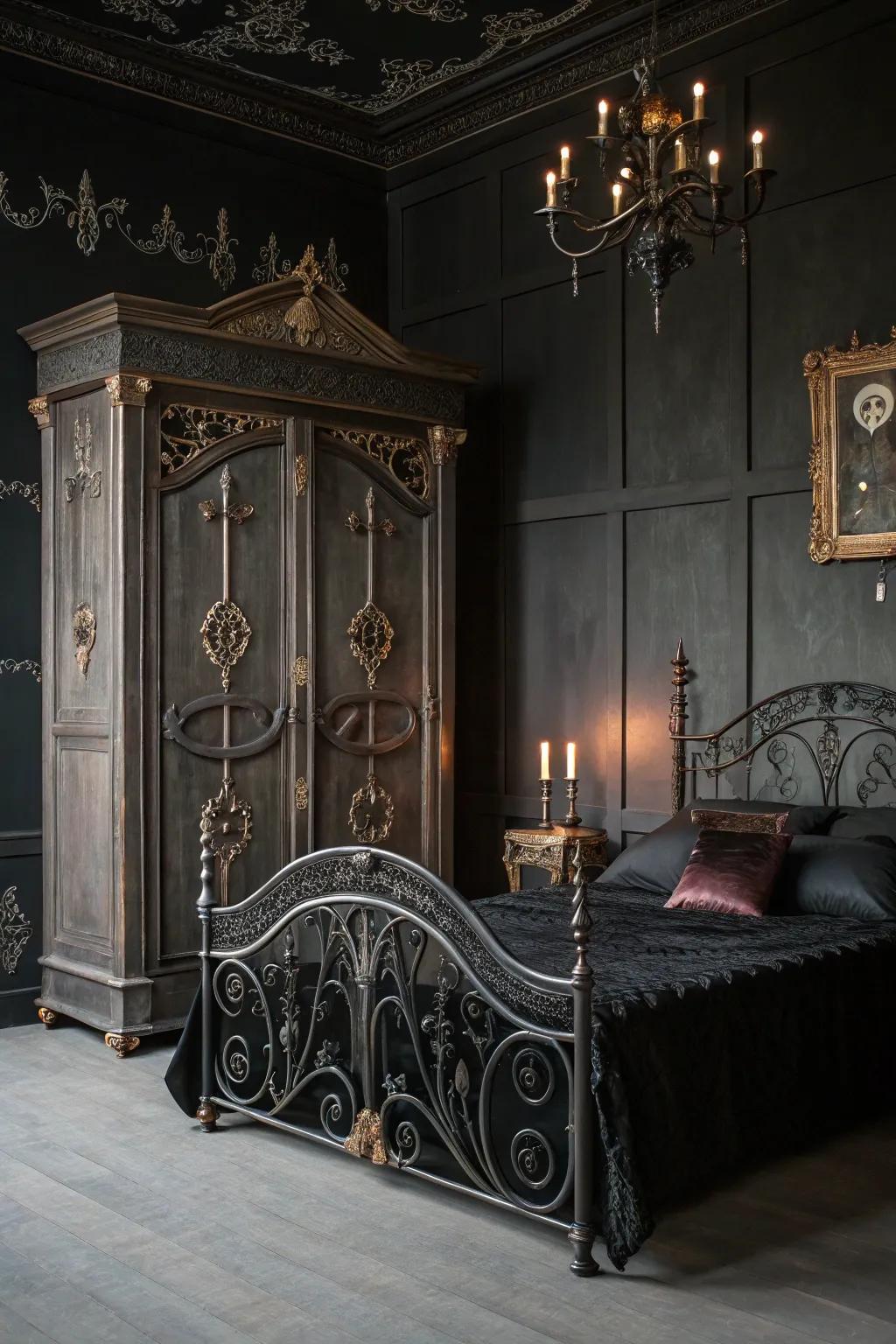 Vintage furniture adds character and a sense of history to this Gothic bedroom.