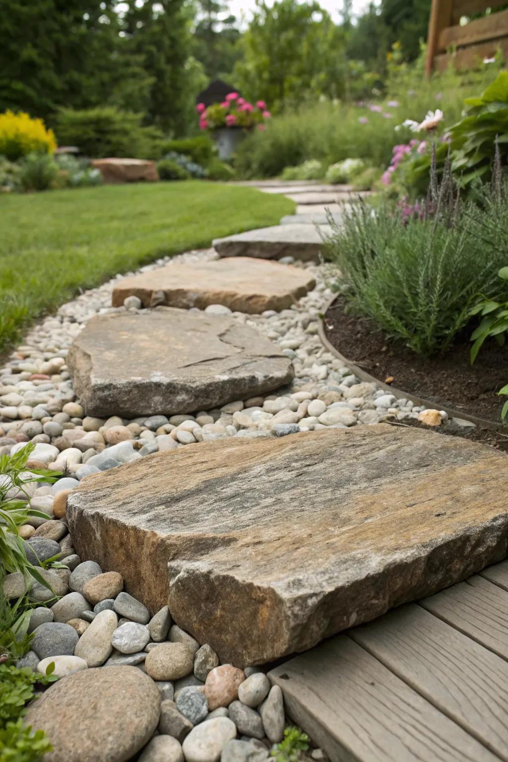 Rustic granite slabs combined with pebbles.