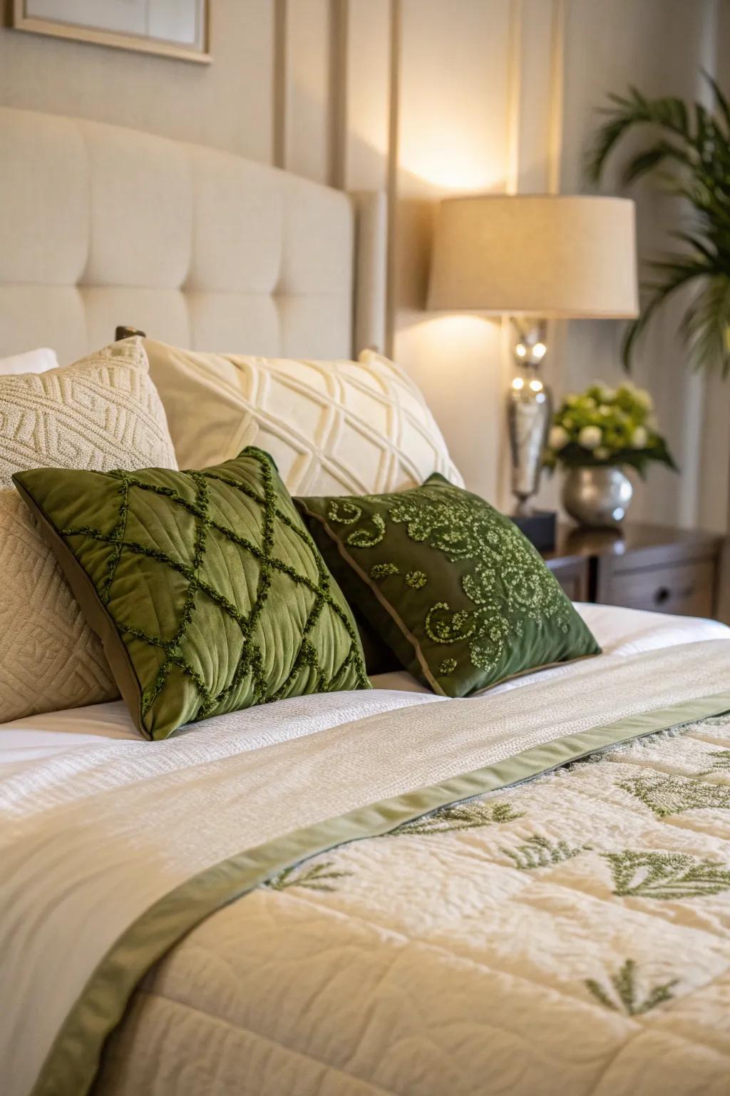 Cream bedding paired with green pillows creates a cozy and inviting bed.