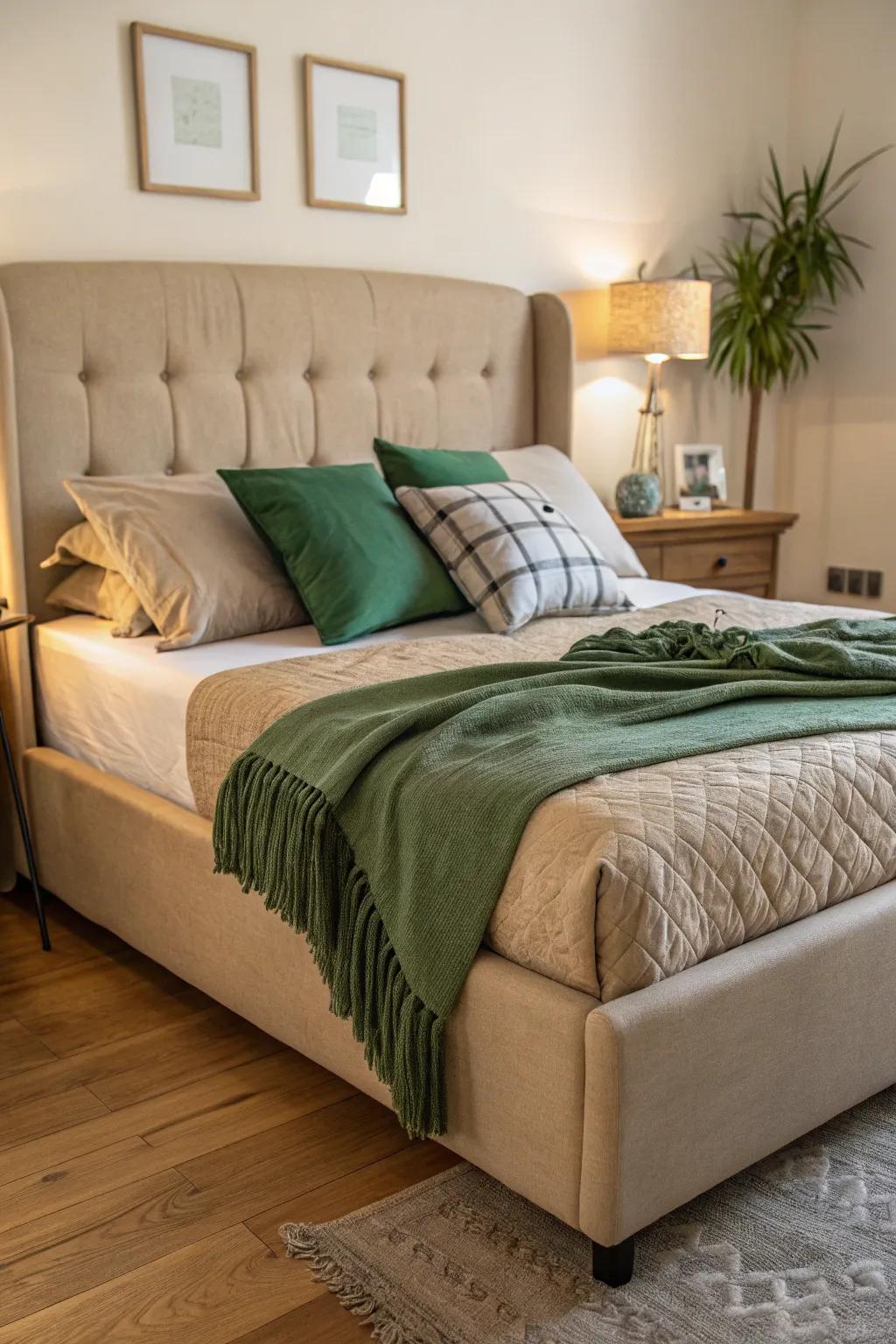 A tan bed is complemented by green pillows, creating a warm and inviting space.