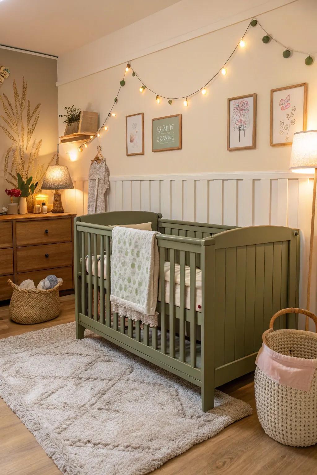 A charming baby room centered around an olive green crib for a vintage touch.