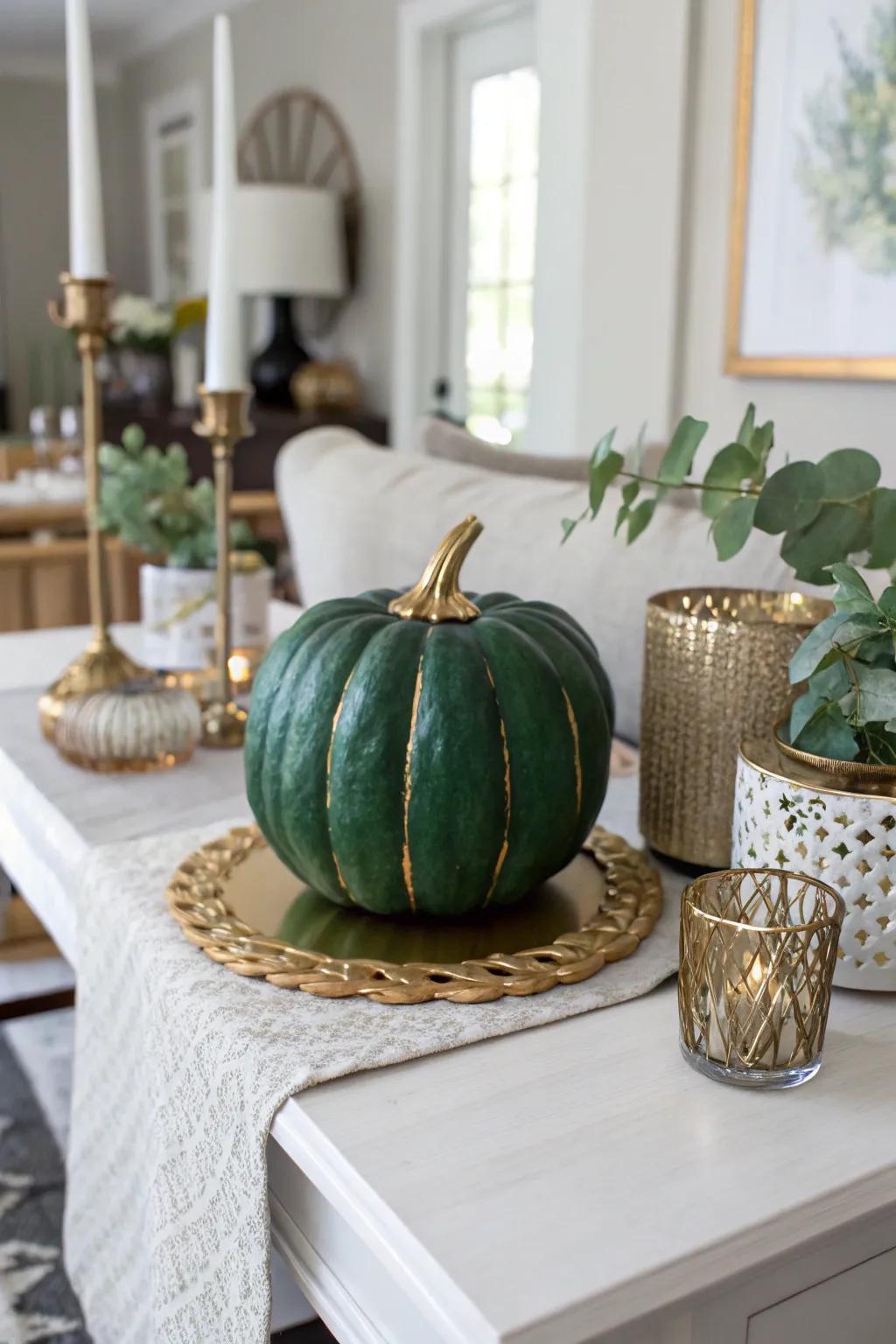 Forest green and gold pumpkin creating a glamorous entryway.