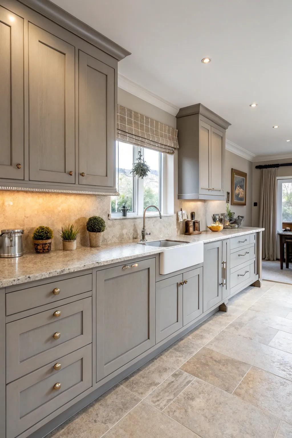 Grey cabinets and beige countertops create a timeless kitchen design.