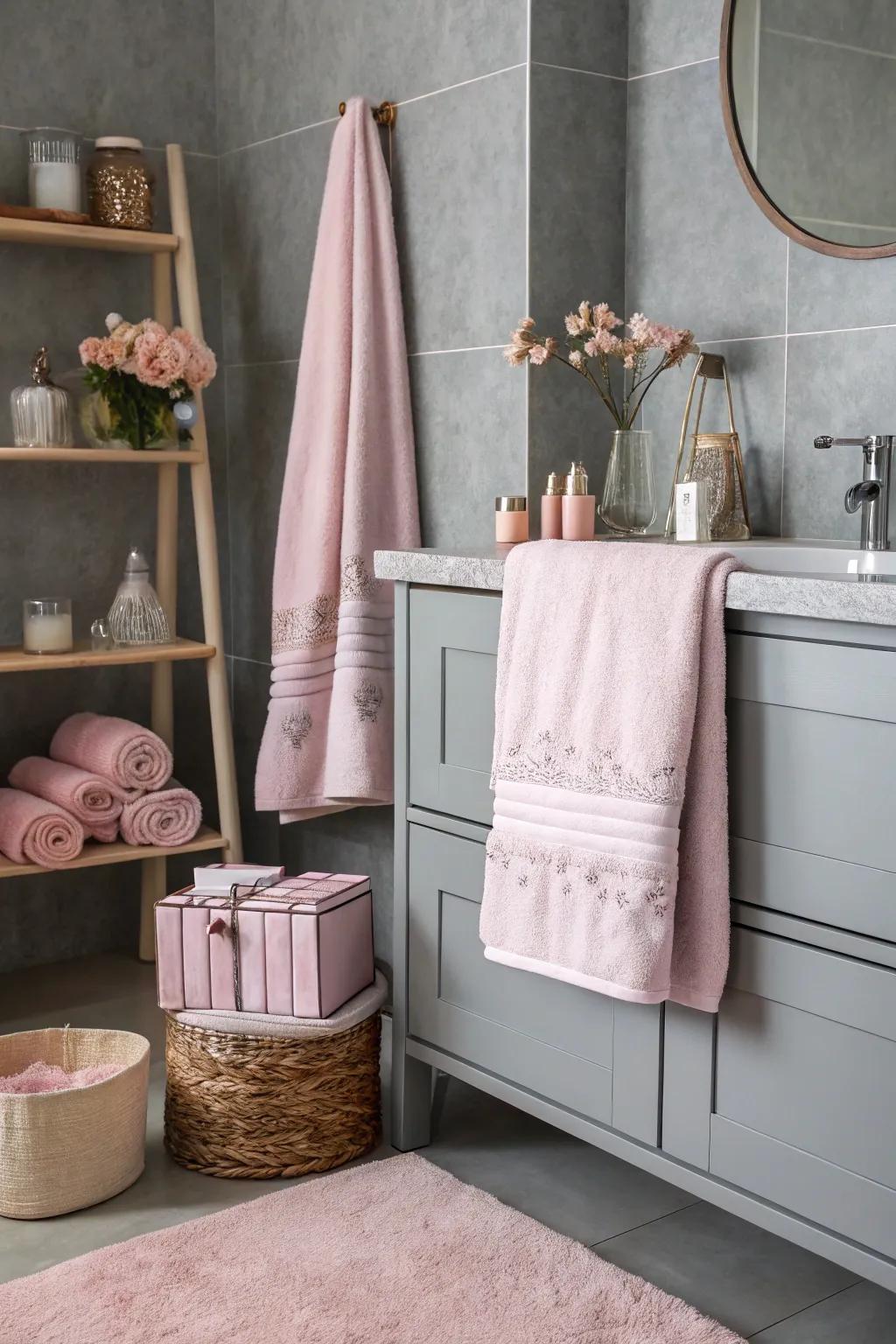 Pastel accents add charm and softness to a gray bathroom.