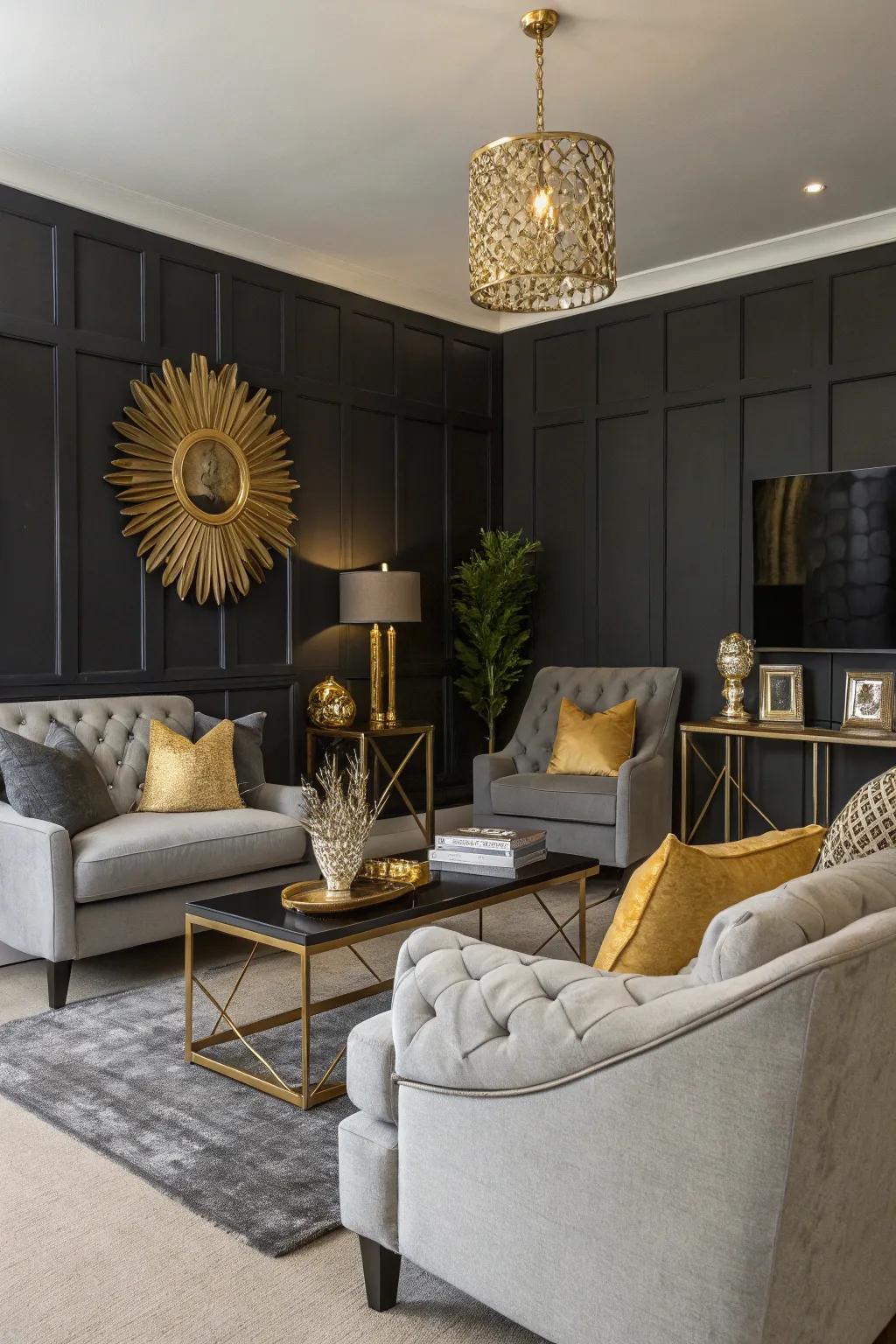 A living room featuring a bold black accent wall with gold decor.