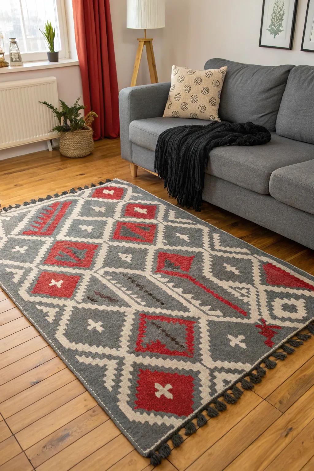 Layered textures using rugs and throws create a cozy atmosphere in this living area.