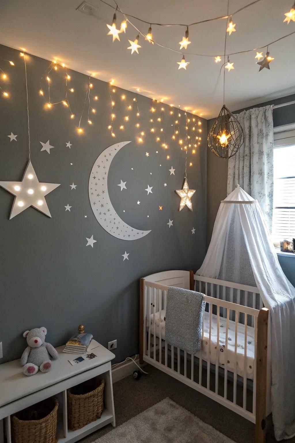 A celestial-themed nursery with grey tones and moon and star motifs.