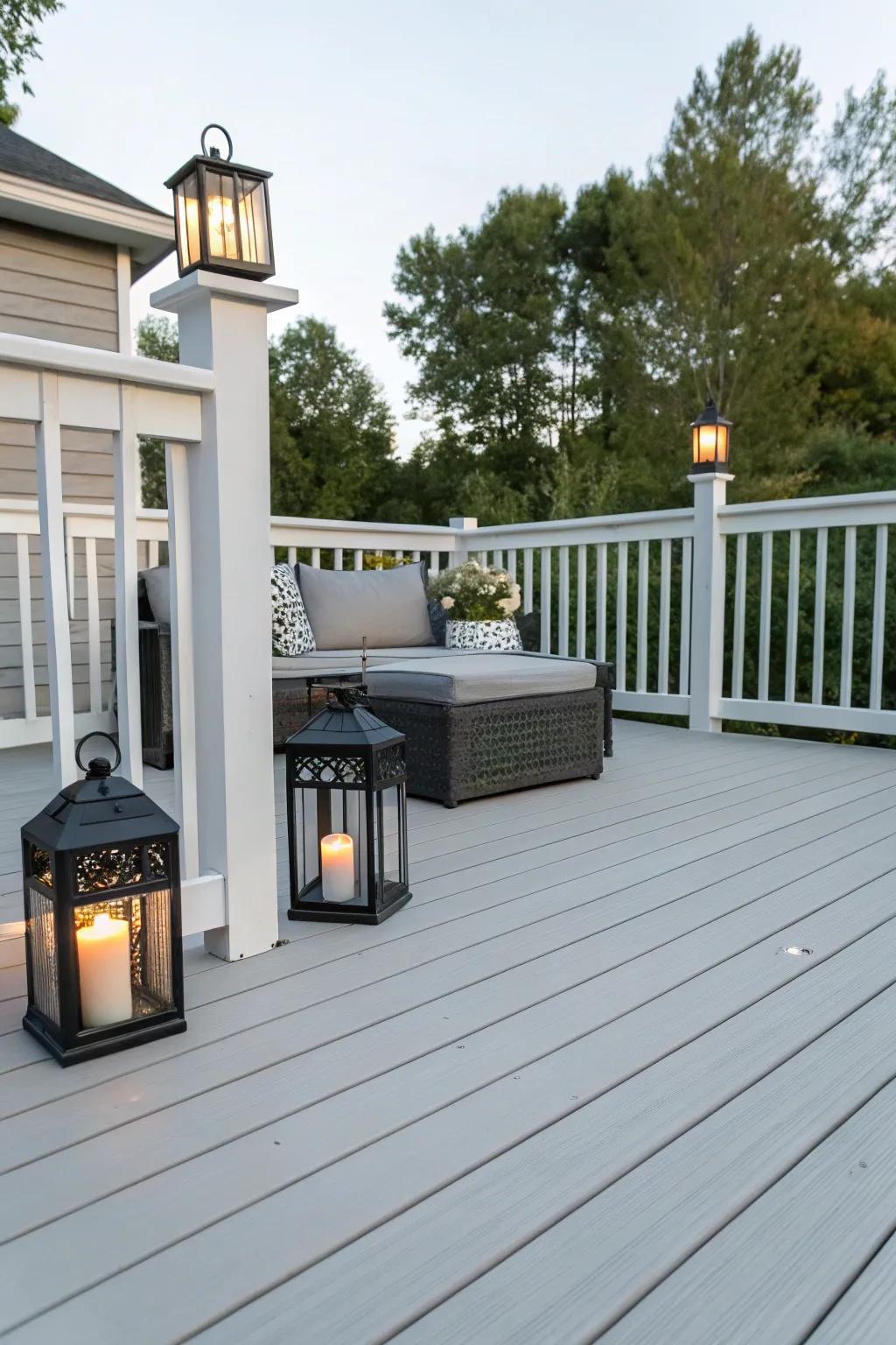 A light grey deck with charcoal accents creates a breezy and open atmosphere.