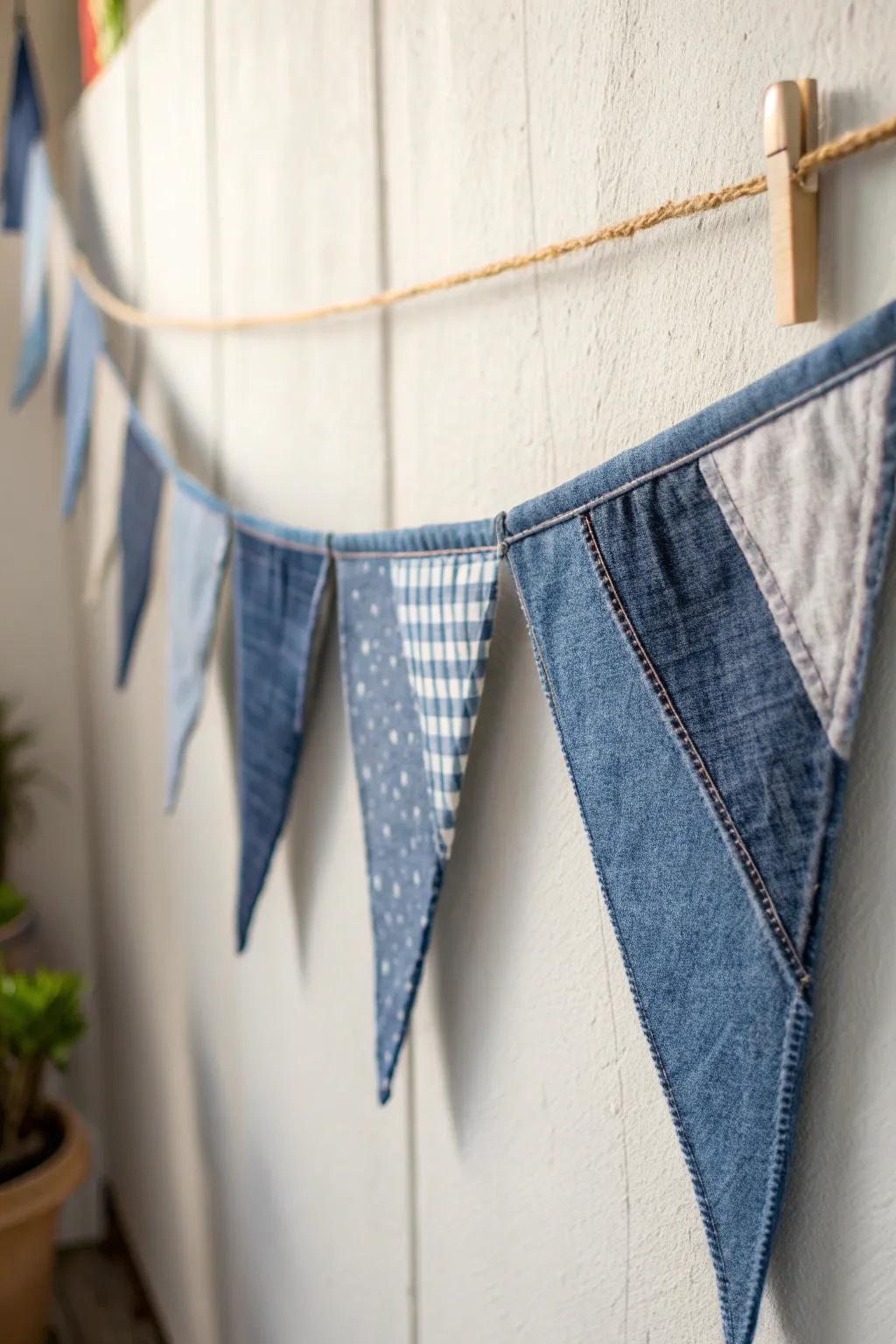 Transform old denim into a stunning bunting, marrying sustainability with style for your next gathering.
