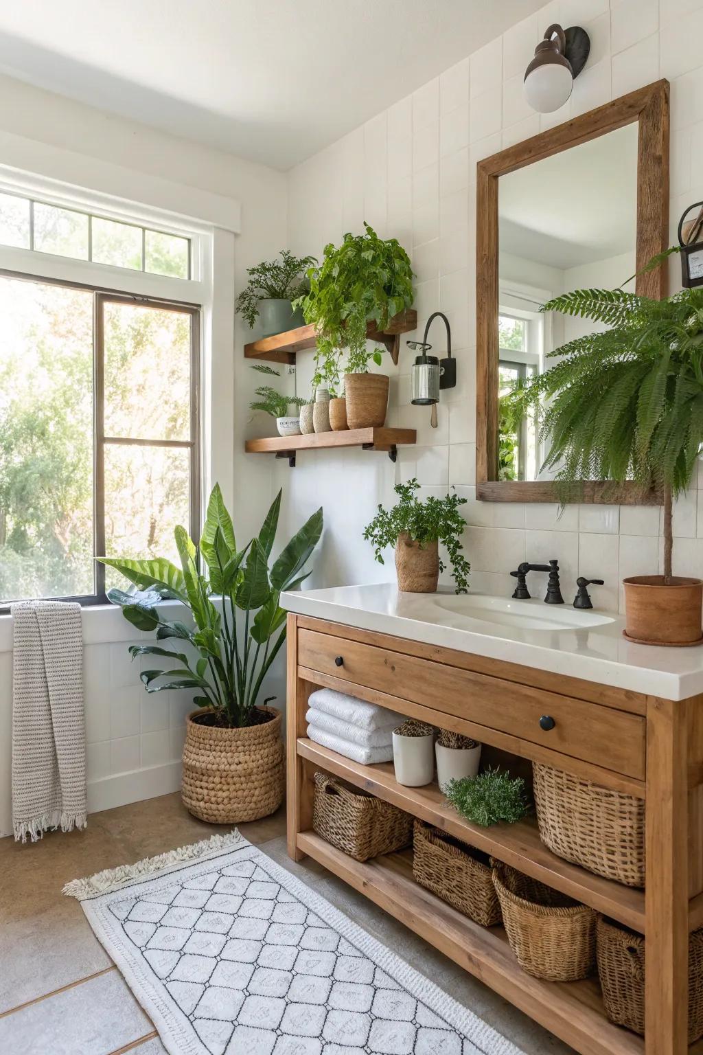 Natural elements like plants and wood create a serene guest bath.