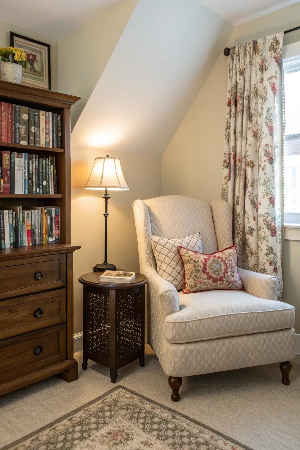 A reading nook offers guests a peaceful escape.