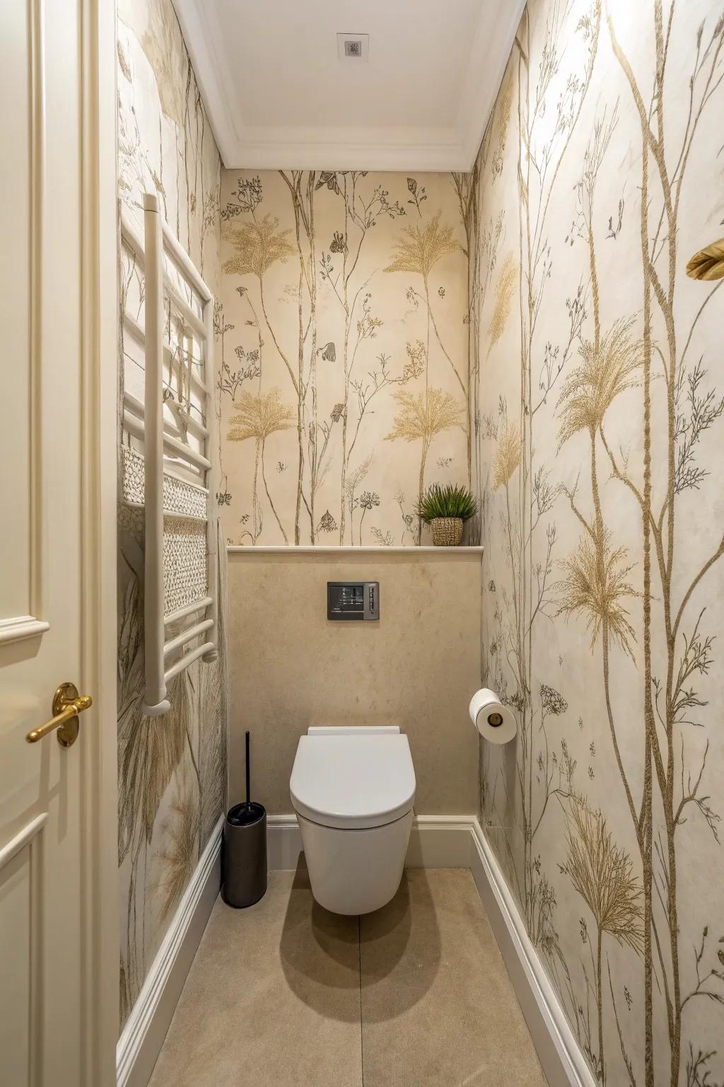 Textured wallpaper adds depth and elegance to a compact guest toilet.