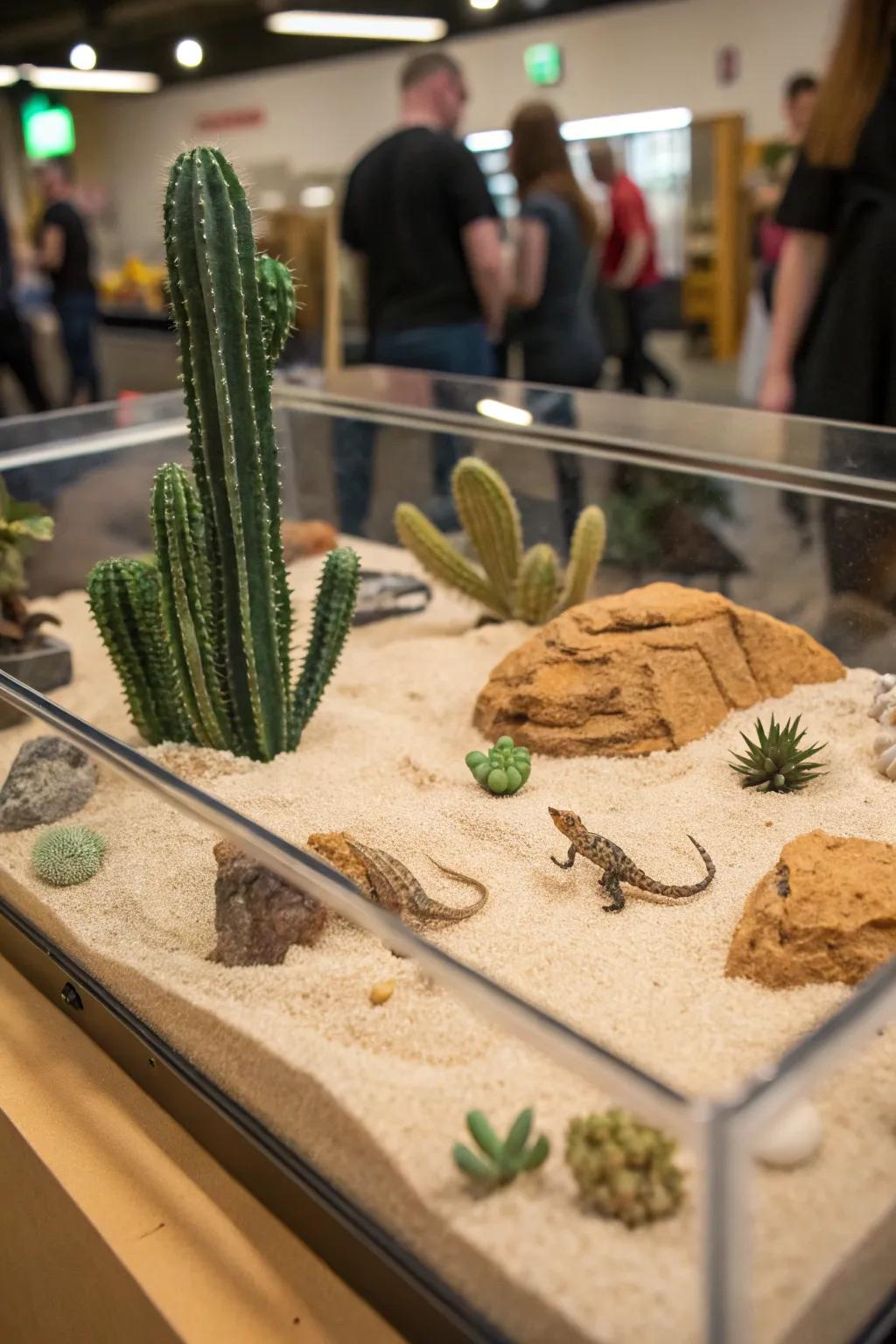 A vibrant desert habitat diorama featuring sandy terrain and cacti.