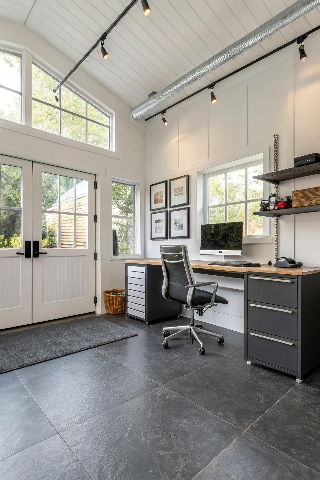 Choose flooring that combines functionality and style for your garage office.