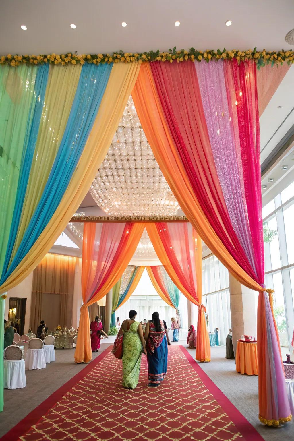 Colorful drapes elegantly hung to create a warm and inviting atmosphere.