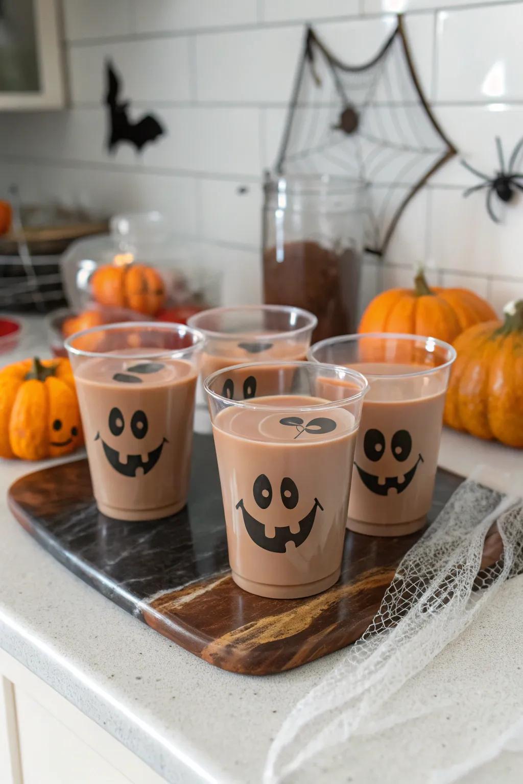 Ghostly chocolate milk cups perfect for a Halloween treat.