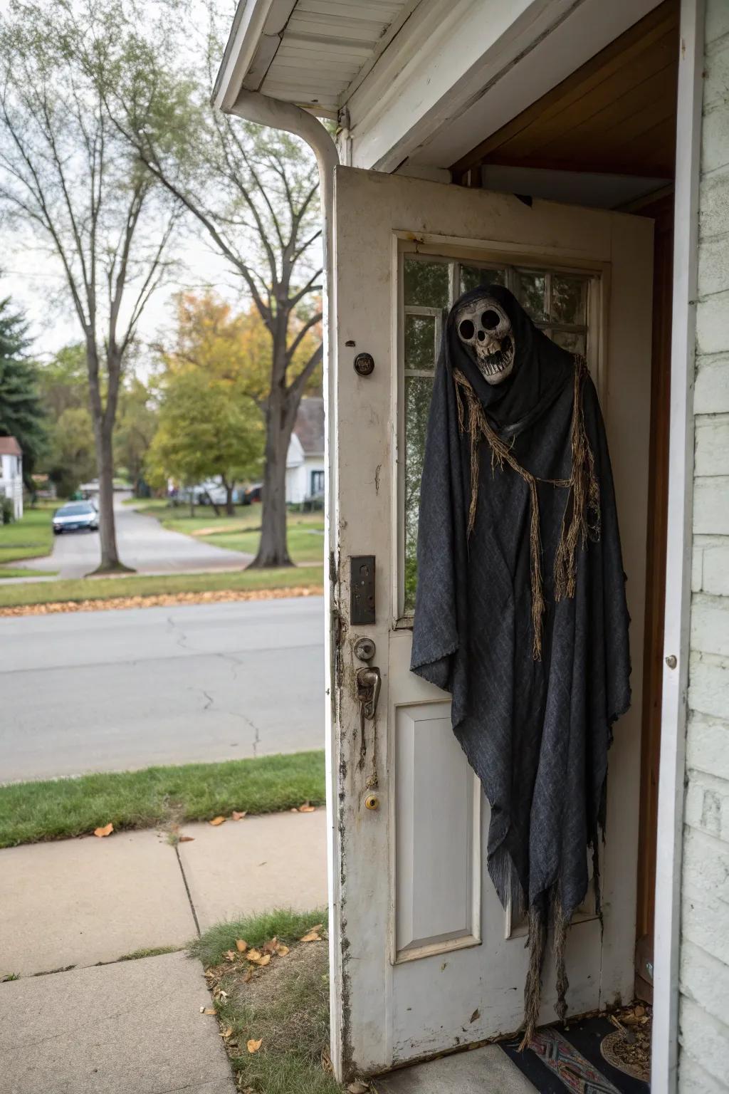 A skeleton door hanger adds a touch of fright to your entrance.