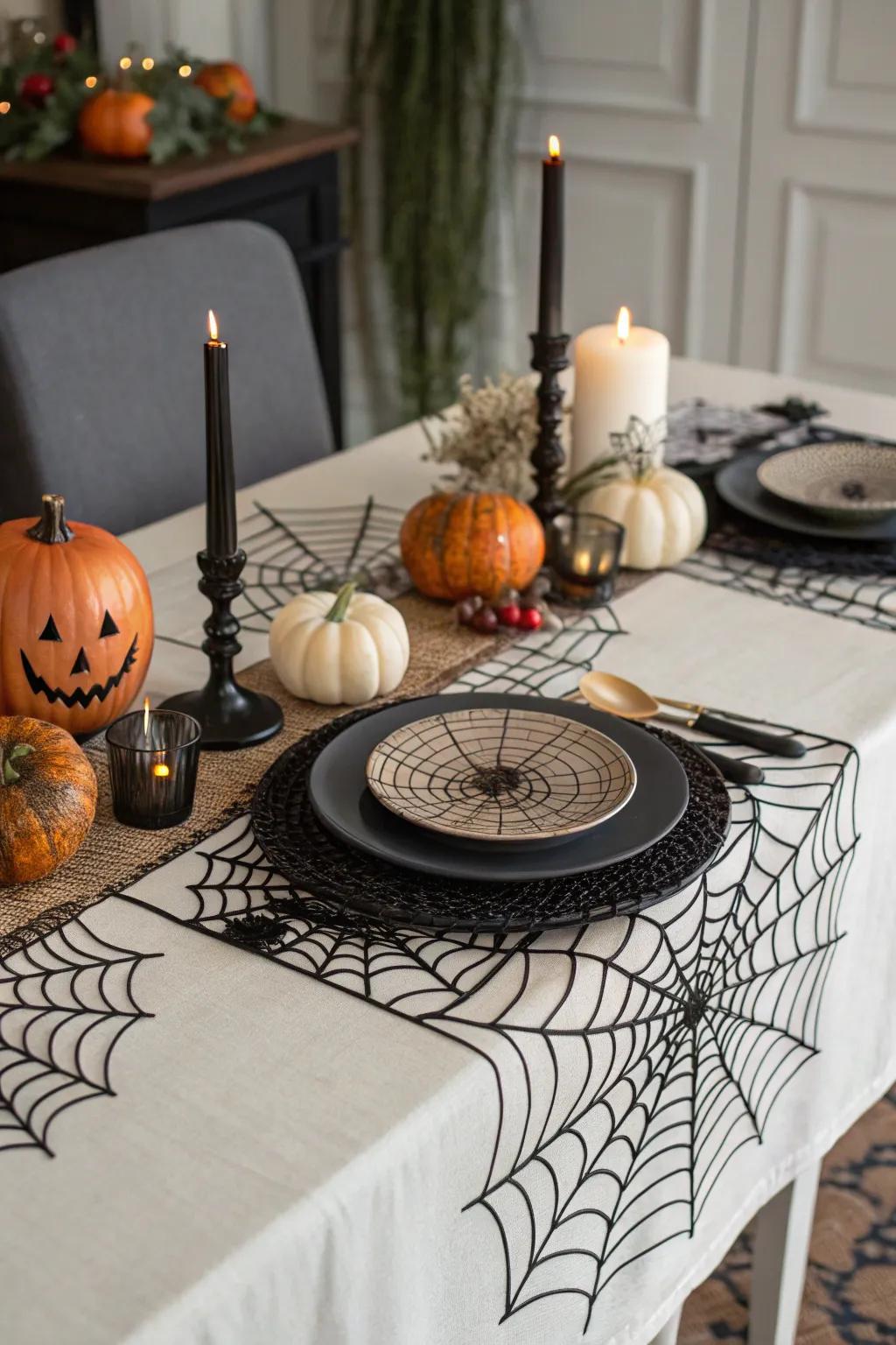 A spiderweb tablecloth adds an eerie elegance to the dining area.