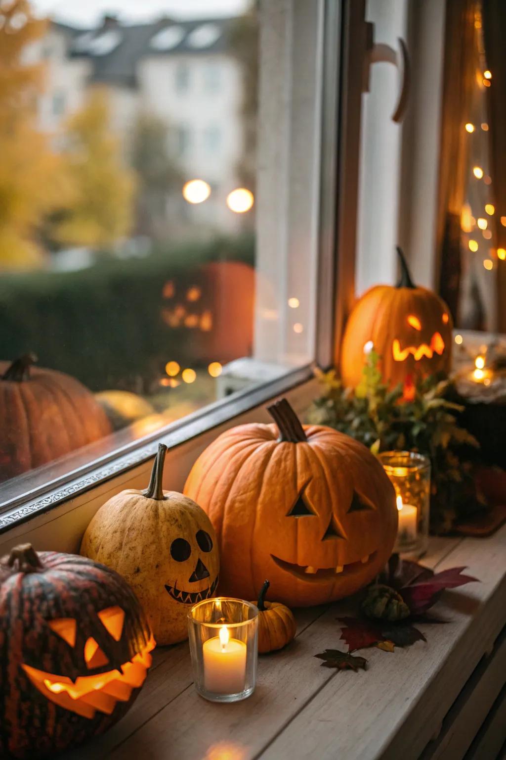 Pumpkins lining the windowsill create a festive Halloween display.