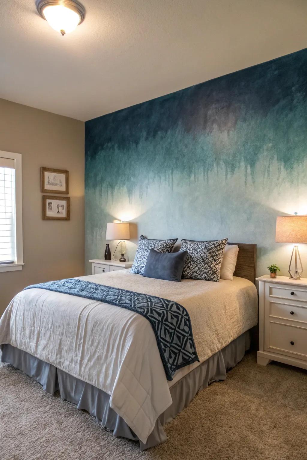 An ombre effect creates a calming ambiance in this elegant bedroom.