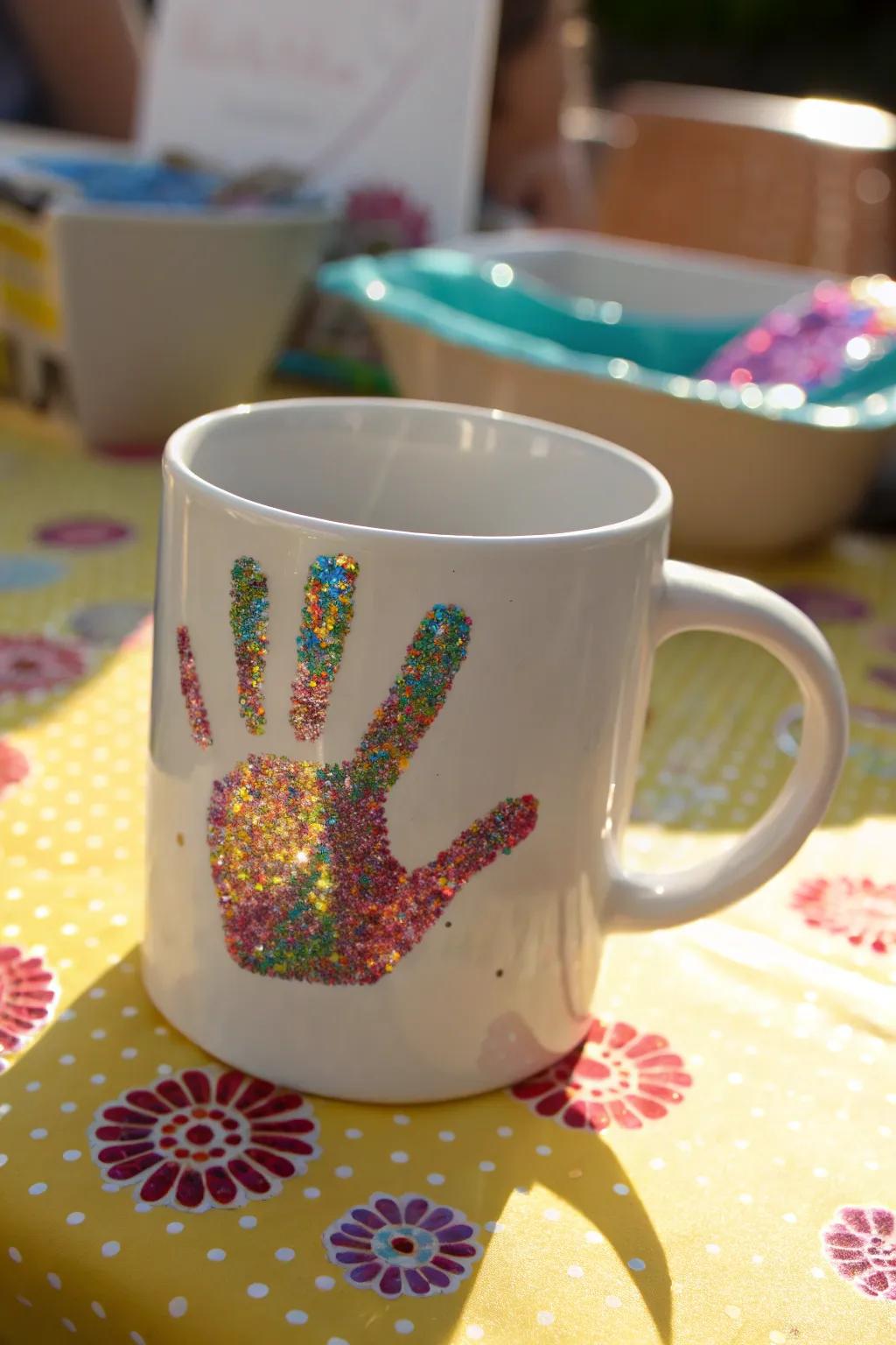 Bring on the sparkle with a glitter handprint mug.